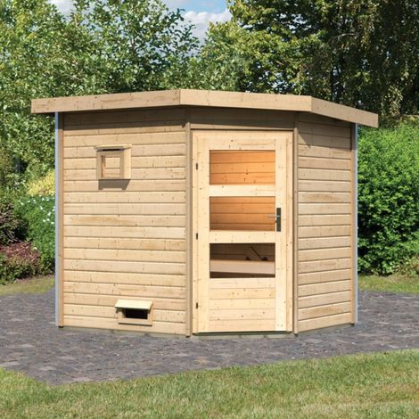 Sauna de canto exterior Karibu Mikka para 5-6 pessoas, 231x196cm, madeira de 38mm agri-tract