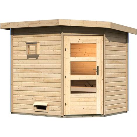 Sauna de canto exterior Karibu Mikka para 5-6 pessoas, 231x196cm, madeira de 38mm agri-tract