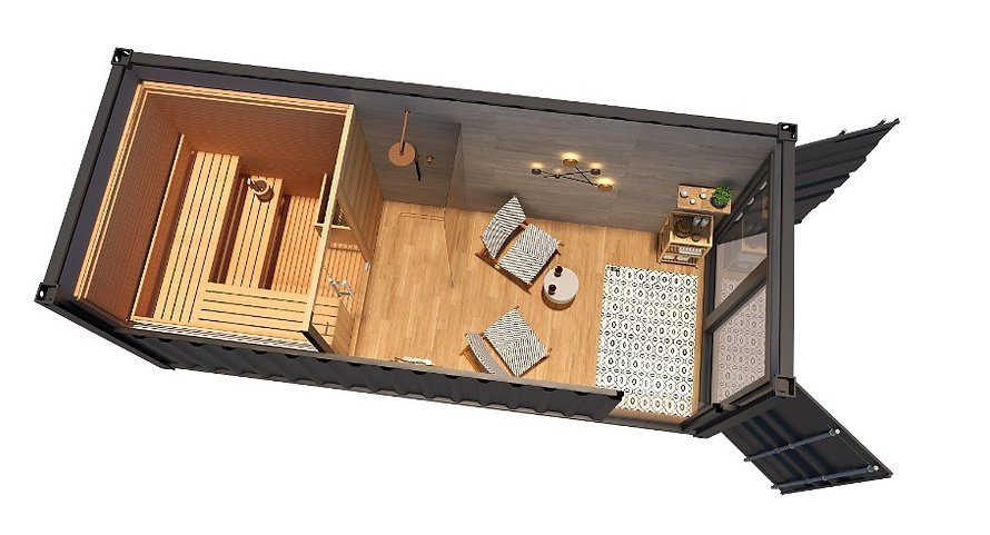 Cabine de sauna de 15 m² com área de relaxamento completa. agri-tract