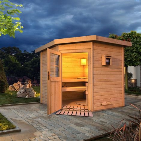 Sauna de canto exterior Karibu Mikka para 5-6 pessoas, 231x196cm, madeira de 38mm agri-tract