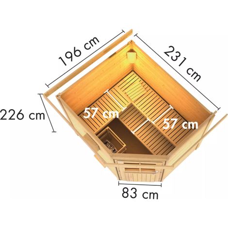 Sauna de canto exterior Karibu Mikka para 5-6 pessoas, 231x196cm, madeira de 38mm agri-tract